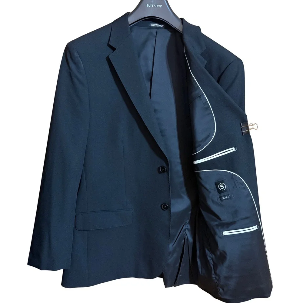 SuitShop Mens Black Slim Fit Stretch Suit 2 Piece Set Jacket 44S Pants 35S